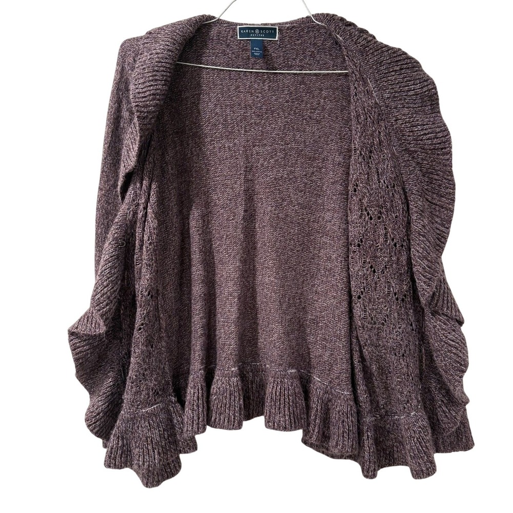Karen Scott Womens Cardigan Purple Long Sleeve Open Knit Ruffle Size PXL - Picture 4 of 8